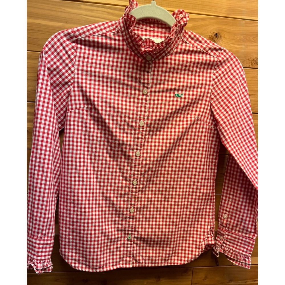 Vineyard Vines Girls Red White Gingham‎ Ruffle Collar Button Down Shirt Size 10